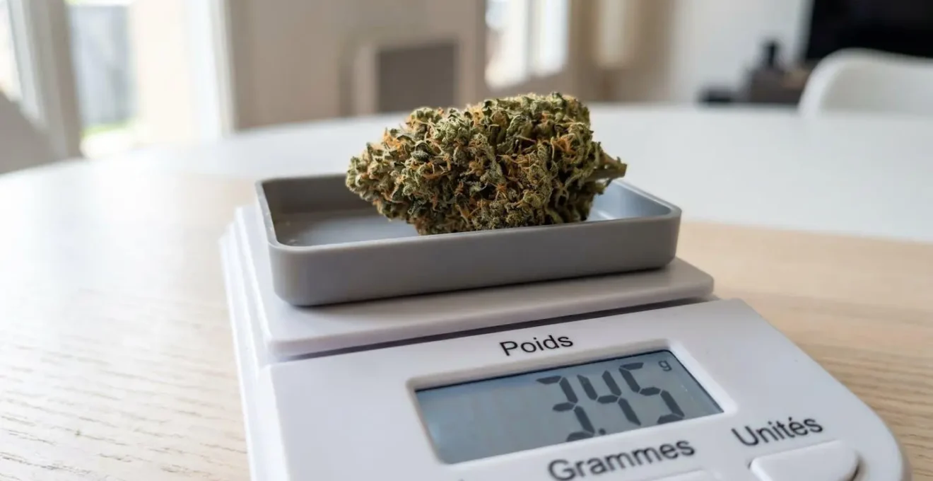 Gros plan sur une balance de précision digitale affichant une mesure exacte, avec une fleur de CBD sur le plateau de pesée