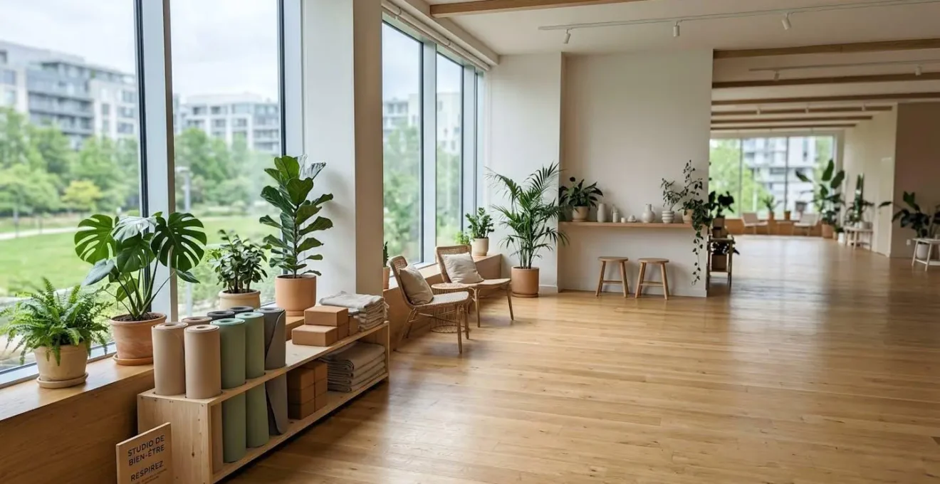 Intérieur lumineux contemporain avec grande fenêtre, plantes vertes et ambiance épurée propice au bien-être