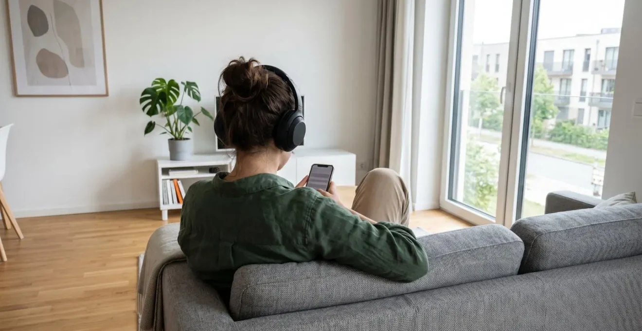 Personne vue de dos assise confortablement sur un canapé contemporain, en posture détendue avec un casque audio
